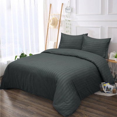 Ameha Stripe Duvet Cover Set With Pillowcase Anti Allergic & Reversible Soft Microfiber Charcoal King Size 230X220Cm from B&Q