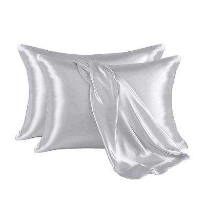 Ameha Silver Stain Silk Pillowcase Ultra Soft Anti Wrinkle Pillow Cover For Hair & Skin Friendly Standard Size 50X75 Cm Pair