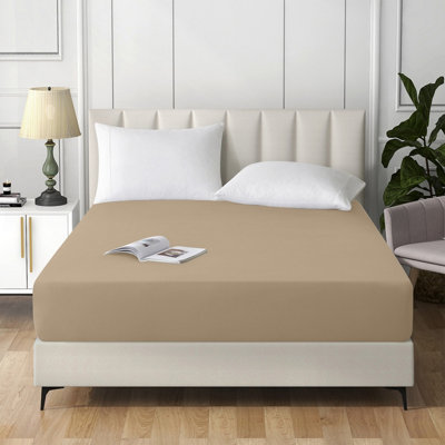 Ameha Double Plain Dyed Fitted Sheet 40Cm- Extra Deep Pocket Beige Fitted Bed Sheets Soft Microfiber Bedding Sheet 137X190 Cm from B&Q
