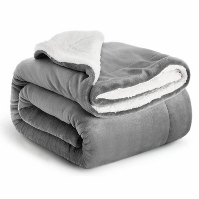 Ameha Silver Sherpa Fleece Blanket Soft Thick Fluffy & Reversible Throw For Couch Bed Sofa Single 130X150 Cm from B&Q