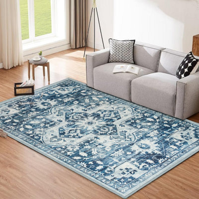 Ameha Tranquil Cashmere  Non Slip Rugs Area Rug 120X170 Cm Modern Bedroom Blue & Cream Floral Design Carpet from B&Q