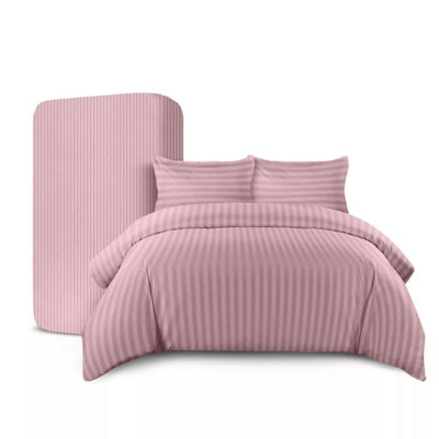 Ameha Peach Striped Microfibre Bedding Set KingReversible & Breathable Duvet CoverFitted Sheet & Pillowcases from B&Q