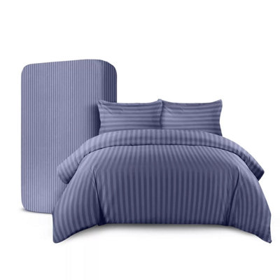 Ameha Washed Blue Striped Microfibre Bedding Set DoubleReversible & Breathable Duvet CoverFitted Sheet & Pillowcases from B&Q
