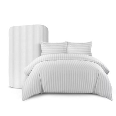 Ameha White Striped Microfibre Bedding Set KingReversible & Breathable Duvet CoverFitted Sheet & Pillowcases from B&Q