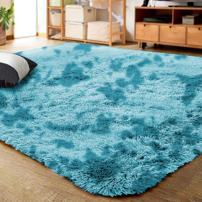 Ameha Tye Dye Teal Shaggy Rugs Extra Large Living Room Bedroom Area 200X290 Cm Rug Soft Fluffy Carpets from B&Q