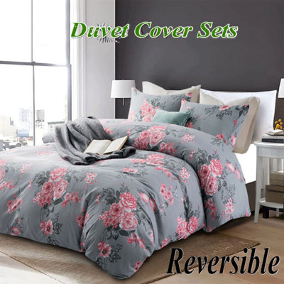 AMEHA Printed Duvet Cover Set With Matching Pillow Case Bedding Bed Sets Grey Bouquet Reversible Quilt Covers Single Double King