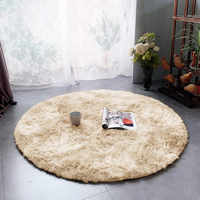 Ameha Tye Dye Cream Shaggy Round Rugs Soft Fluffy Area Rug Living Room Bedroom Carpets from B&Q