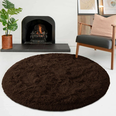 B&Q -  Round Rugs Living Room Brown Area Rugs 120 X 120Cm For Bedroom Anti Slip Thick Pile Small Fluffy Shaggy Rug Non Shedding