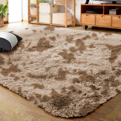 Ameha Tye Dye Beige Shaggy Rugs Soft Fluffy Bedroom Living Room Non Slip Carpets(120X170 Cm) from B&Q