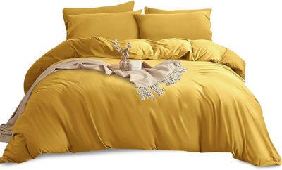 B&Q -  Plain 3-Piece Duvet Ochre Quilt Cover Breathable Microfiber Reversible Super King Set With Pillowcase 260 X 220 Cm