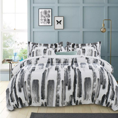 Ameha Print Duvet Cover 3Piece Set With Matching Pillowcase Microfiber Quilt Cover Grey Stripe Pattern (King 230X220Cm) from B&Q