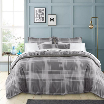 Ameha Printed Duvet Cover 3Piece Set Quilt Microfiber With Matching Pillowcase (Grey CheckSuper King 260X220Cm) from B&Q