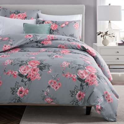 Ameha Printed Duvet Cover 3Piece Set With Matching Pillowcase Reversible Grey Bouquet Pattern Bedding Set King (230X220Cm) from B&Q
