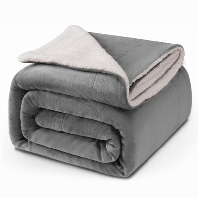 Ameha Silver Sherpa Fleece Blanket Soft Thick Fluffy & Reversible Throw For Couch Bed Sofa Super King 230X270 Cm from B&Q