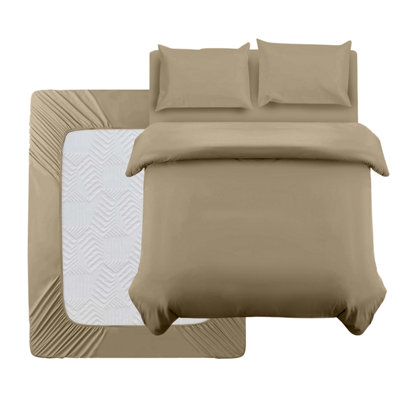 Ameha Plain Dyed Duvet Cover Complete Set With Matching Fitted Sheet & Pillowcase Microfiber King Beige from B&Q