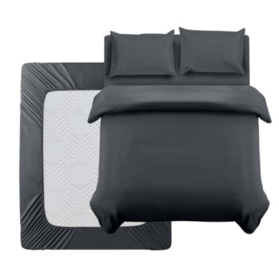 Ameha Plain Dyed Duvet Cover Complete Set With Matching Fitted Sheet & Pillowcase Microfiber Double Charcoal from B&Q
