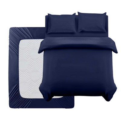 Ameha Plain Dyed Duvet Cover Complete Set With Matching Fitted Sheet & Pillowcase Microfiber Double Navy from B&Q