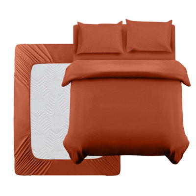Ameha Plain Dyed Duvet Cover Complete Set With Matching Fitted Sheet & Pillowcase Microfiber Single Rust from B&Q