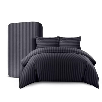 Ameha Black Striped Microfibre Bedding Set KingReversible & Breathable Duvet CoverFitted Sheet & Pillowcases from B&Q