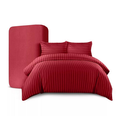 Ameha Red Striped Microfibre Bedding Set DoubleReversible & Breathable Duvet CoverFitted Sheet & Pillowcases from B&Q