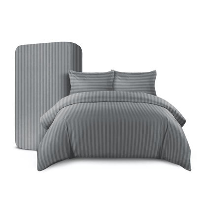 Ameha Grey Striped Microfibre Bedding Set KingReversible & Breathable Duvet CoverFitted Sheet & Pillowcases from B&Q