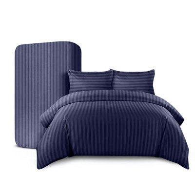 Ameha Navy Blue Striped Microfibre Bedding Set Super KingReversible & Breathable Duvet CoverFitted Sheet & Pillowcases from B&Q