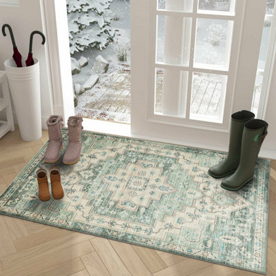 Ameha Ember Cashmere Door Rug Modern Bedroom Mats Entrance Door Olive Green & Beige Mats 60 X 110 Cm from B&Q