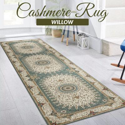 Ameha Non Slip Cashmere Rug Bedroom Kitchen Runner Willow Teal 60X220 CmModern Bedroom Rugs from B&Q