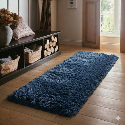 B&Q -  Navy Shaggy Rug 80X150CmModern Area Rugs Non-Slip Soft Thick And Fluffy Living Area And Hallway Runner