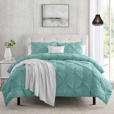 Ameha Pintuck Duvet Cover Set With Pillowcase & Anti-Allergic Microfiber Pinch Pleat Diamond Sage Green Super King 260X220Cm from B&Q
