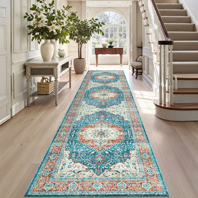 Ameha Regal Cashmere Rug Extra Large Hallway & Kitchen Area Runner Nonslip Stain Resistant Thick Pile Carpet (Blue Rust80X300Cm) from B&Q