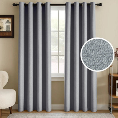 Ameha Grey 100%blackout Curtain 66X72'' Linen Texture Thermal Insulated 260Gsm Eyelet Curtain Pair Energy Saving Winter & Summer Uk Home from B&Q