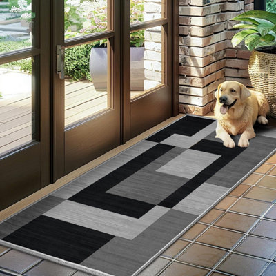 Ameha Milo Black Grey Area Rugs For Bedroom Hallway Runner 60X220 Cm Non Slip Geometric Style Carpet Durable Soft Rug For Kids Room from B&Q