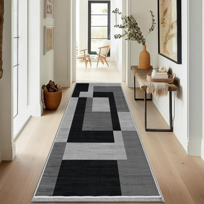 Ameha Printed Rug Hallway Area Runner Extra Large Soft Pile Modern Bedroom Living Room Carpet- 80X300 Cm Milo Black Grey from B&Q