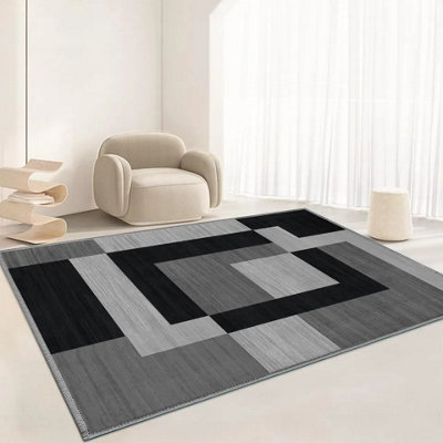 Ameha Non Slip Printed Rug Milo Black Grey  120X170 Cm Hallway Bedroom Area Indoor/outdoor Rugs from B&Q