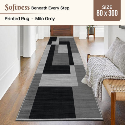 Ameha Milo Black Grey Printed Rug Kitchen Hallway Area Extra Large Runner Rugs80X300 Cm from B&Q