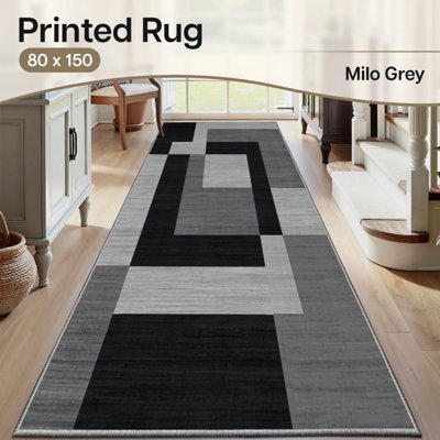 Ameha Milo Black Grey Printed Rug Large Floor Mats Super Soft Bedside Carpet Runner Kitchen Hallway Door Rugs- 80X150 Cm from B&Q