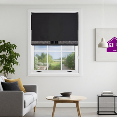 Furnished Black Fabric Blackout Roller Blind With Decorative Black Glitter & Black BowTrimmable (W)225Cm X (L)165Cm from B&Q