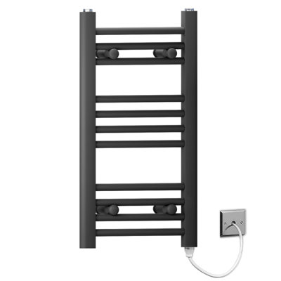Myhomeware 350 X 600mm Black Flat Electric Pre-Filled Heated Towel Rail Radiator For Bathroom Designer Standard Element from B&Q