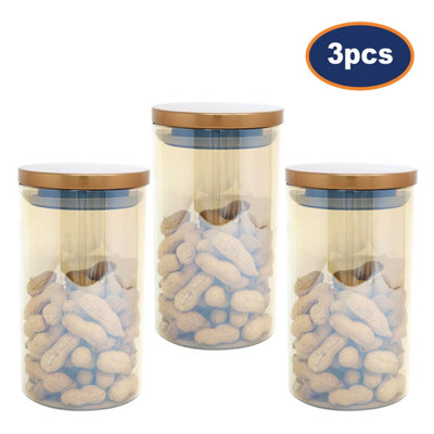 Glass Jar Airtight Lid Medium Clear Copper 1.2L Dry Food Storage Container 3Pcs from B&Q