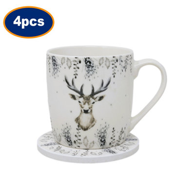 Mug & Coaster Set Harvey & Mason Christmas Silver Deer New Fine China Cup 4Pcs from B&Q