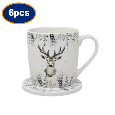 Mug & Coaster Set Harvey & Mason Christmas Silver Deer New Fine China Cup 6Pcs from B&Q
