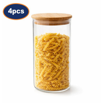 Glass Storage Jar 1.1L Airtight Canister Wood Lid Kitchen Food Container 4Pcs from B&Q