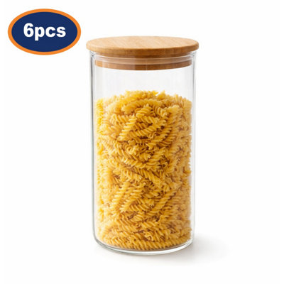 Glass Storage Jar 1.1L Airtight Canister Wood Lid Kitchen Food Container 6Pcs from B&Q