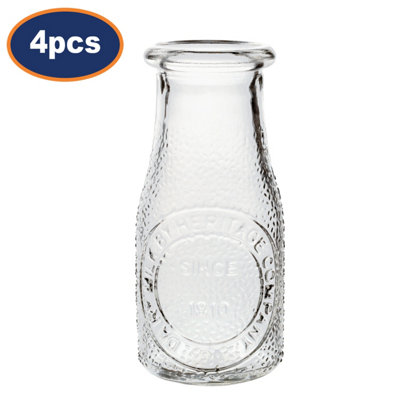 Glass Juice Bottle Clear Embossed Milk Bottle Vintage Retro Glassware 220Ml 4Pcs from B&Q