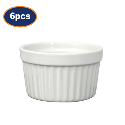 White Ramekin Bowl Ceramic Fluted Souffle Dish Oven Safe Baking Serving 6Pcs from B&Q