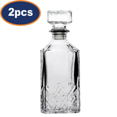  - Whiskey Decanter Carafe Glass Crystal Cut Design Airtight Lid 1L Square 2Pc