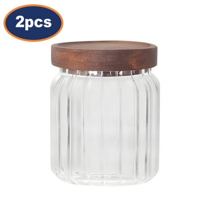 Glass Jar With Wooden Lid Small Ribbed Canister 400Ml Storage Container 2Pcs from B&Q