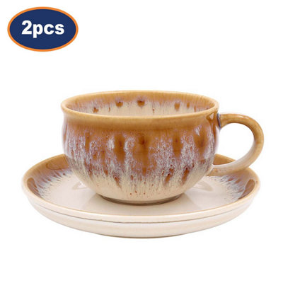 Cup & Saucer Set Of 2 Stoneware 230Ml Coffee Caramel Tea Cup Reactive Glazed Mug from B&Q