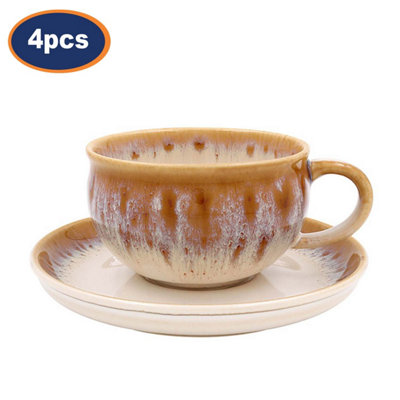 Cup & Saucer Set Of 4 Stoneware 230Ml Coffee Caramel Tea Cup Reactive Glazed Mug from B&Q